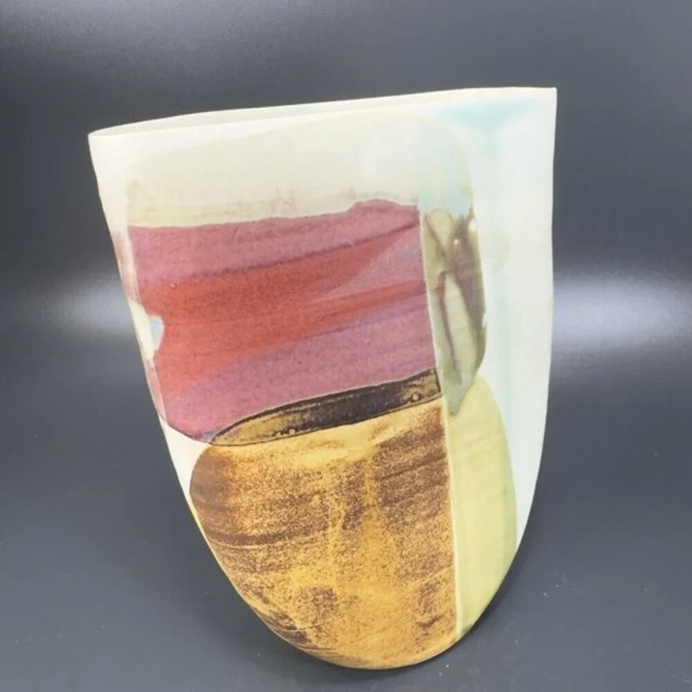 Vintage Hand Made Pottery Vase Vessel Flat Side Stoneware Art Marked Vase Vessel